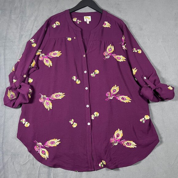 FIGS AND FLOWERS Estilo Floral Boho Embroidered Peasant Blouse Button Top 3x - Picture 1 of 8